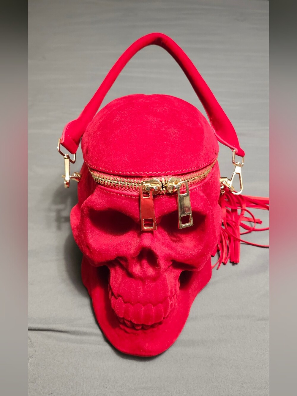 Red Skull Crossbody Handbag Faux Suede